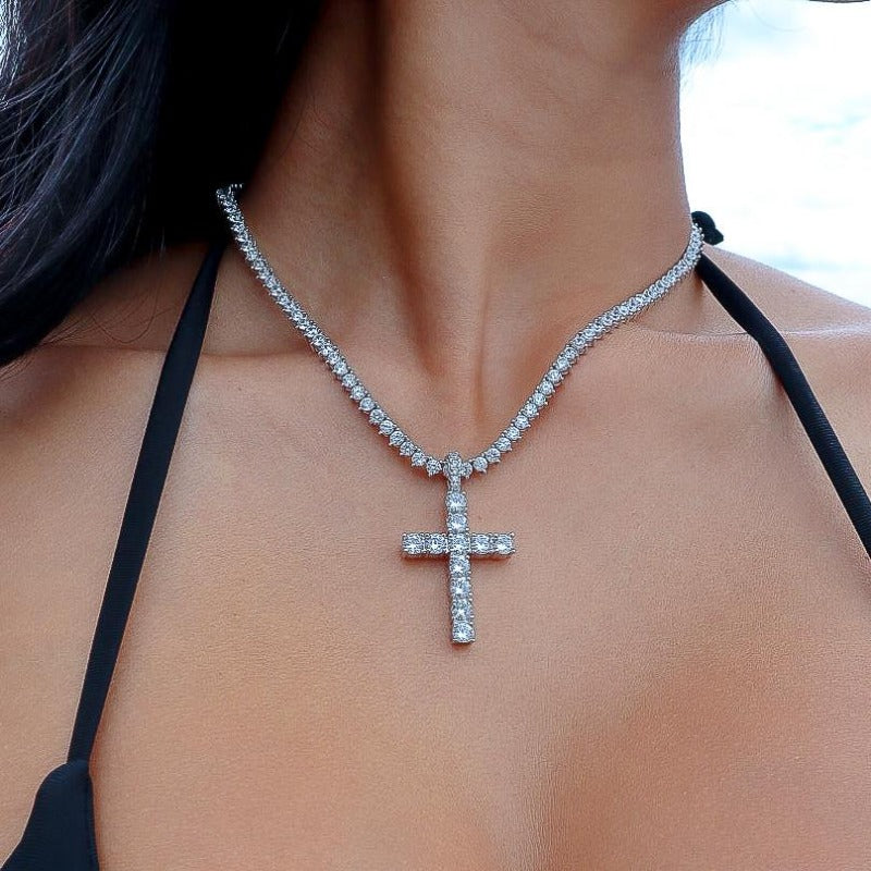 1.00ct Round Cut Diamond Cross Pendant Necklace Sterling Silver Finish For  Women